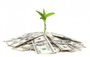 Plant comming out of a pile of bills to represent passive income growth